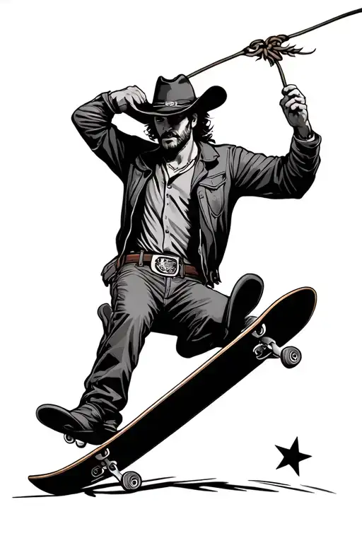Cowboy Riding Skateboard Lassoing Star