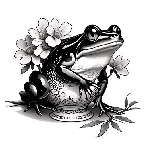 Japanese Frog On Vase With Flowers