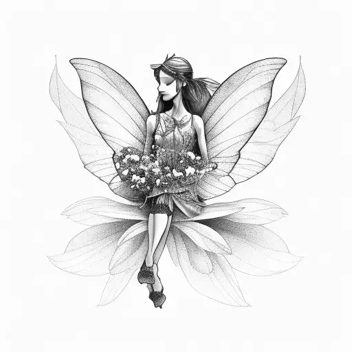 Fairy Flying By Flowers Mushrooms And A Bug