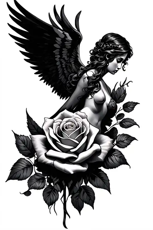 Black Angel With Rose Intertwined
