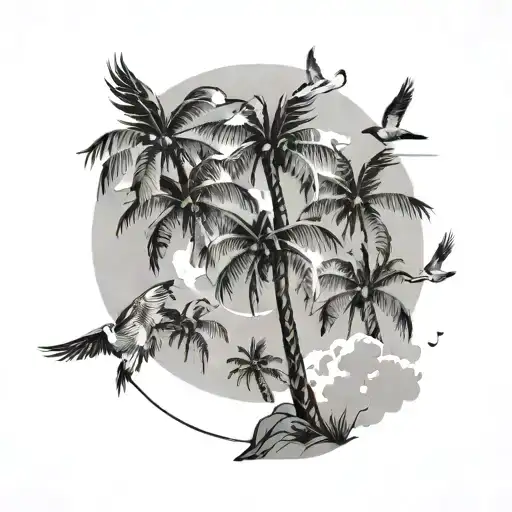 Palm Tree With Birds Flying Away