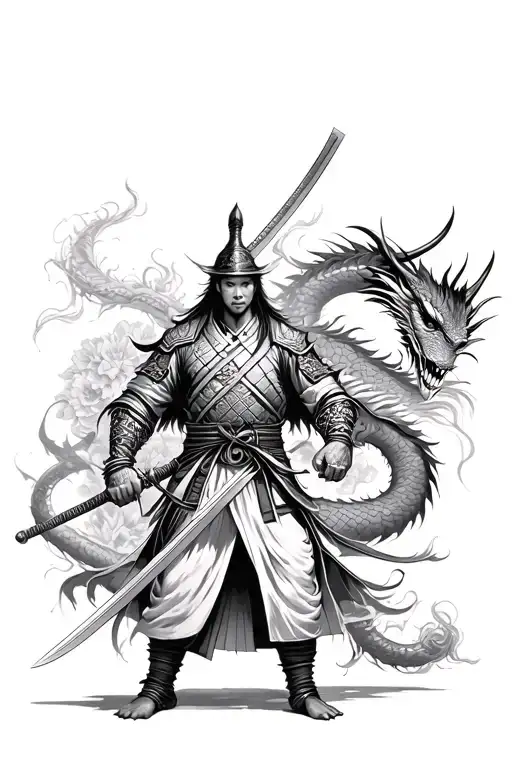 Japanese Warrior With Sword And Dragon For Com Flores