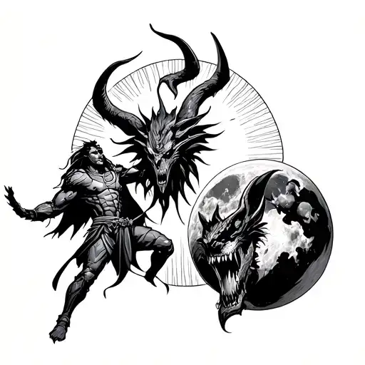 A Warriors Accompanied By The Sun Which Contrasts A Demon Accompanied By The Moon