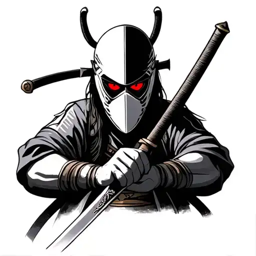 A Portrait Of Samurai Who Holds A 2 -Handed Sword That Wears A Disabled Mask With Red Eyes