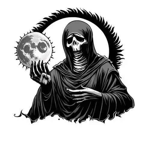 Reaper Holding Sun With Moon Behind
