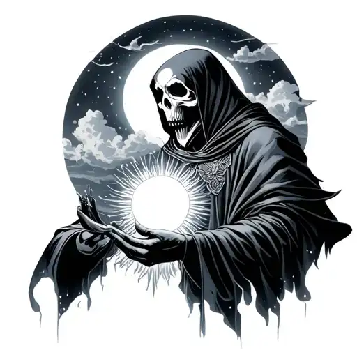 Reaper With Night Sky In Cloak Holding Sun