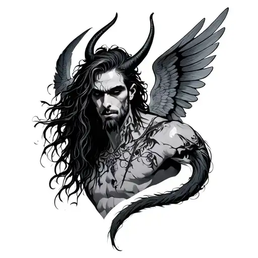 Gothic Male Demon Tattoo Style Long Hair Tail And Wings