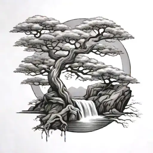 Bonsai Tree And A Waterfall With The Sun
