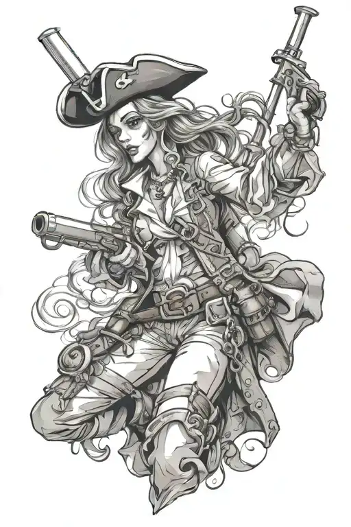Pirate Girl With Muskets Being Fired
