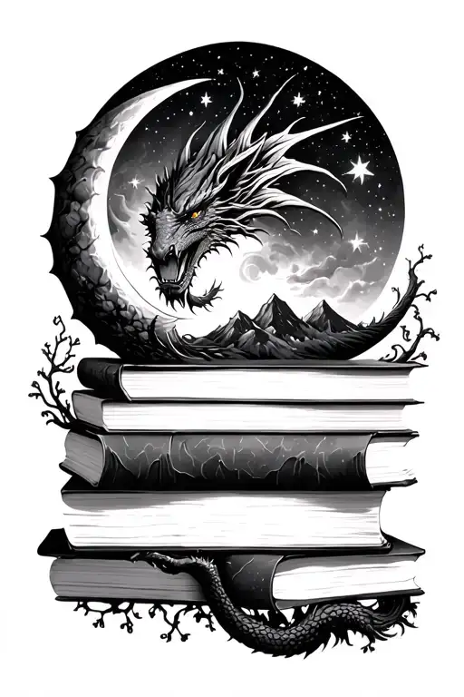 Books Mountains Moon Stars Dragons
