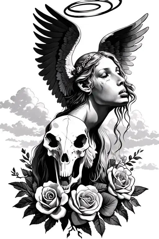 Crying Angel With Halo Looking Up At The Sky With A Cow Skull And Roses And Irises