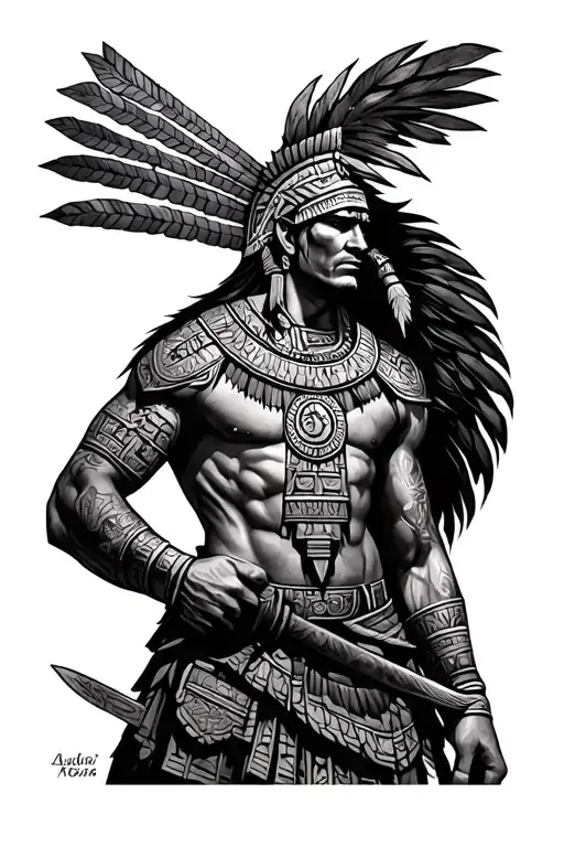 Aztec Warrior Sleeve Tattoo With Aztec Temple