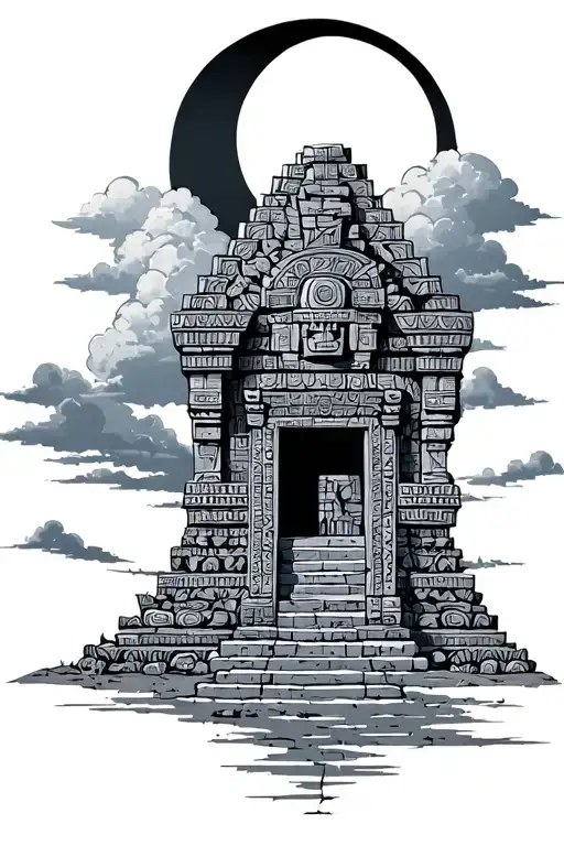 Aztec Temple With Clouds And Moon