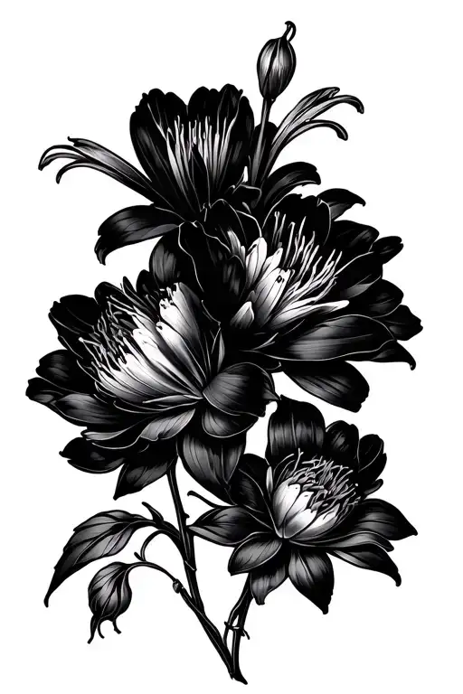 Oriental Style Red Spider Lily Flowers And Peony Flowers