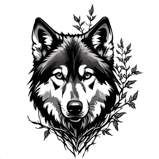 Black And White Wolf Peering Out Of The Woods And Vines