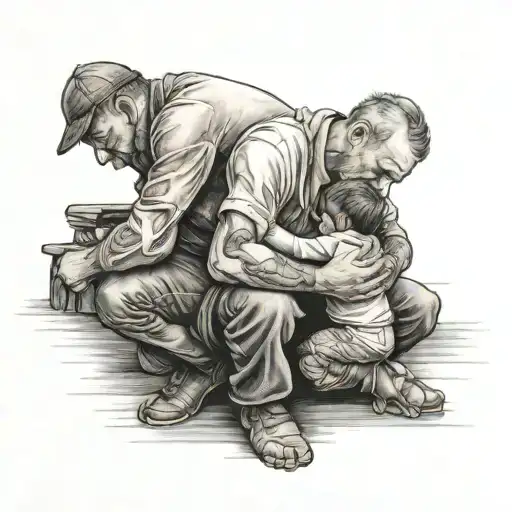 Father Kneeling Down Hugging His Dathuer And Son