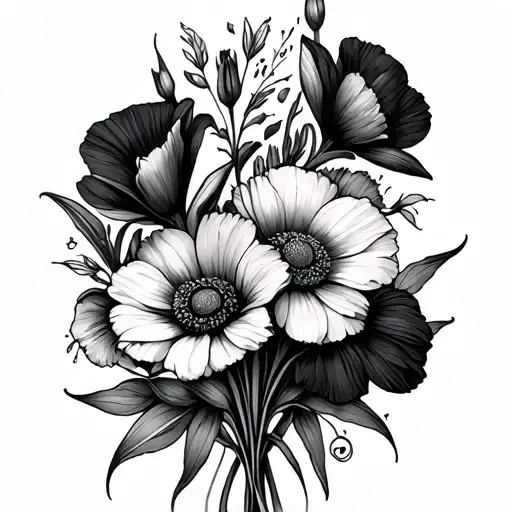 Gladiolus And Poppy And Daisy And Sweet Pea Flower Wrap Around Fine Line