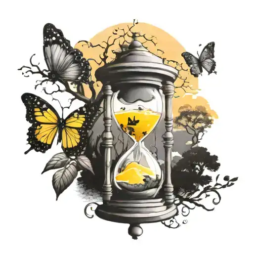 Hour Glass With A Tree Wrapped Around A Yellow Butterfly And Sunrise In The Hourglass