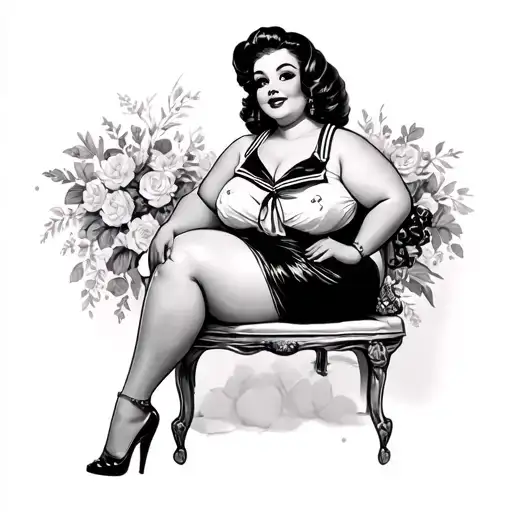 Black Chubby Pin Up Girl Sitting Sailor Style