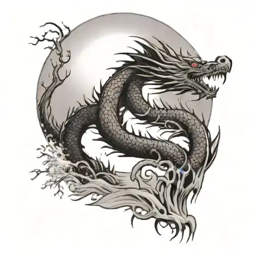 Dragon Flying Towards The Red Sun Lake And Willow Tree In The Background