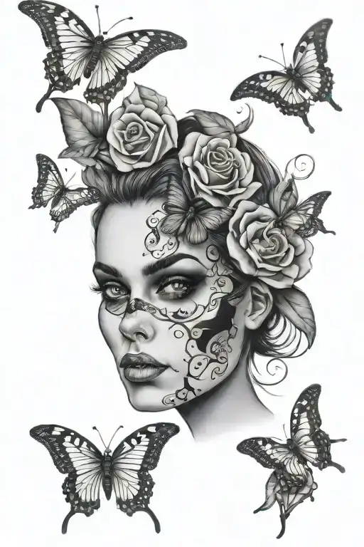 Woman Face W Skull Butter Fly On The Eyes