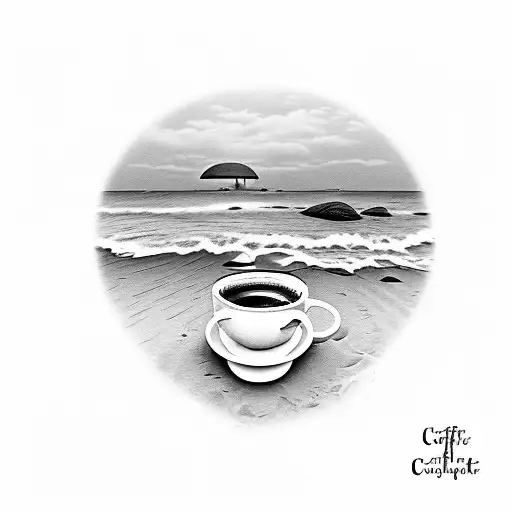 A Serene Beach Scene With A Coffee Cup In The Foreground
