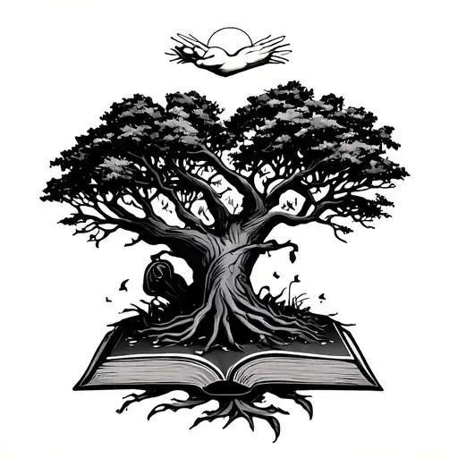 Tree Growing Out Of A Bible With A Hand Of God Above It Minimalistic