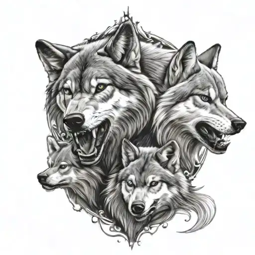 Angry Wolf With Partner & Cub Surrounded