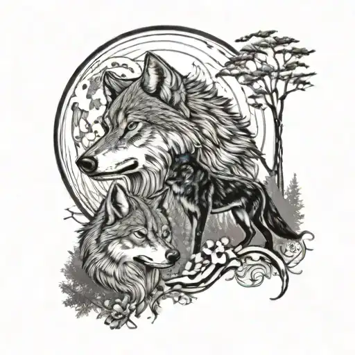 Angry Wolf With Partner And Wolf With Moon And Trees In Background