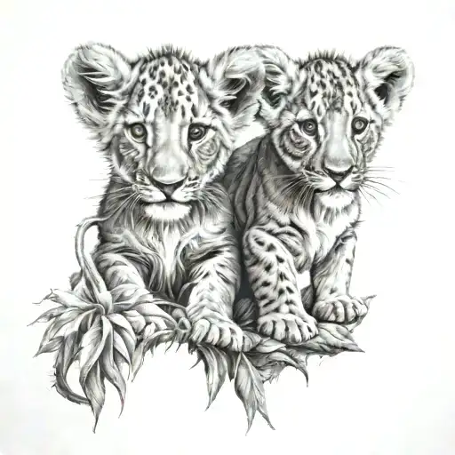 Two Lion Cubs In A Forest