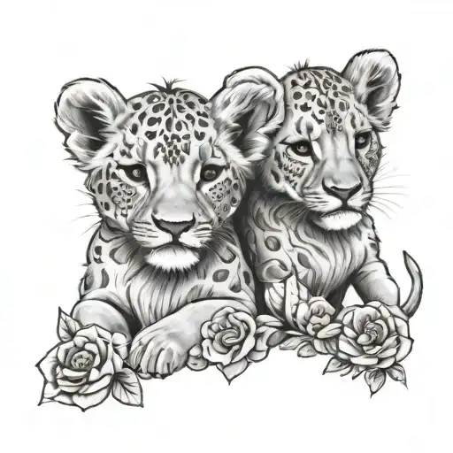 Two Lion Cubs In Floral Design