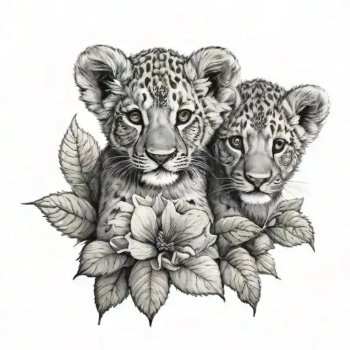 Two Lion Cubs In Hydrangeas