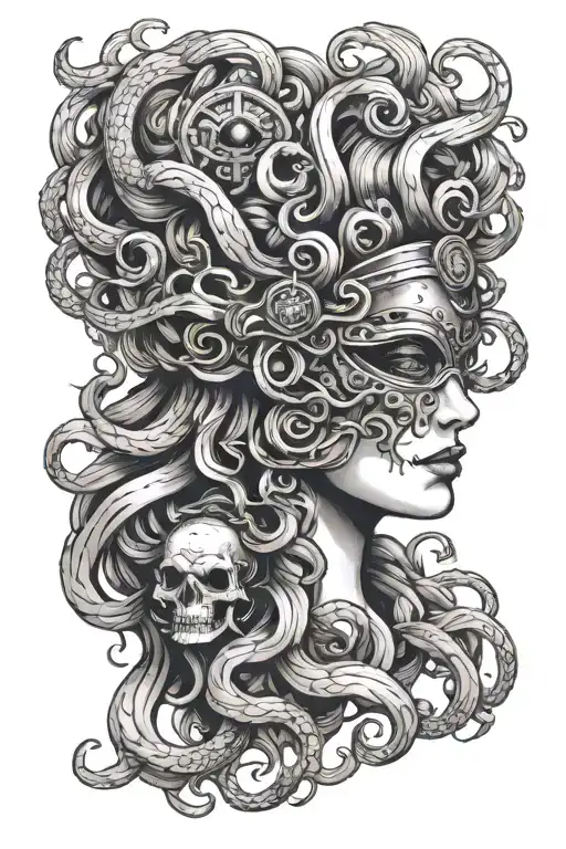 Medusa Half Skull Inside Helmet Surrounded Fluffy Hair Goddess Face