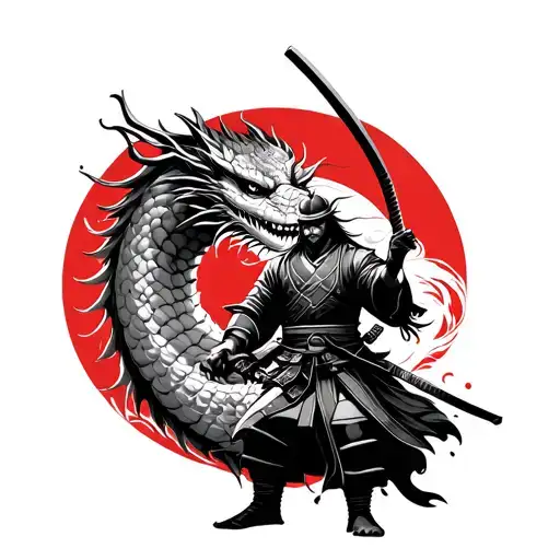 Samurai In Front Of Japanese Dragon Holding A Katana