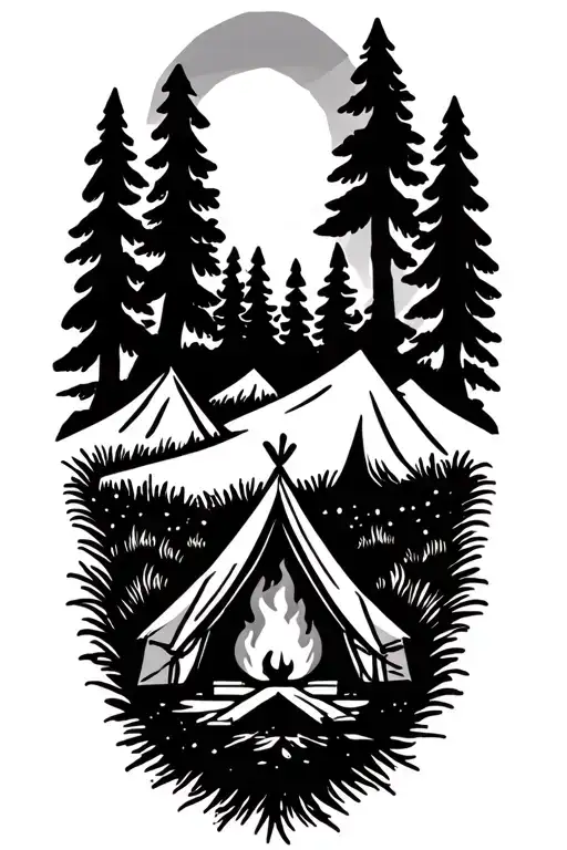 Simple Tattoo Of Camping And Fire That Is Bright Next To The Tent