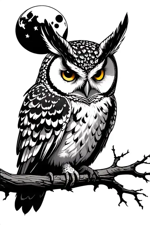 Black Moon White Outline White Owl