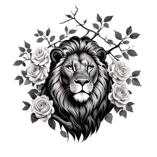 Resting Lion Surrounded By Tree Branches And Roses
