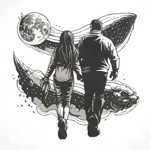 Father And Daughter Walking Into Space