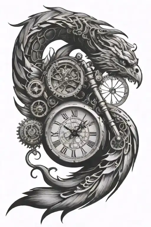 Fenix Motorcycle And Clock Hand Sleeve Tattoo Design