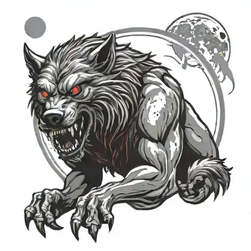 Werewolf With Red Eyes And The Moon Behind