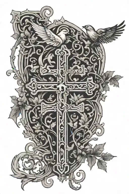 Andean Cross With Shrubbery And Vines Growing On Side And Bird Silhouettes Flying Around