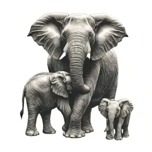 Mama Elephant And Two Babies