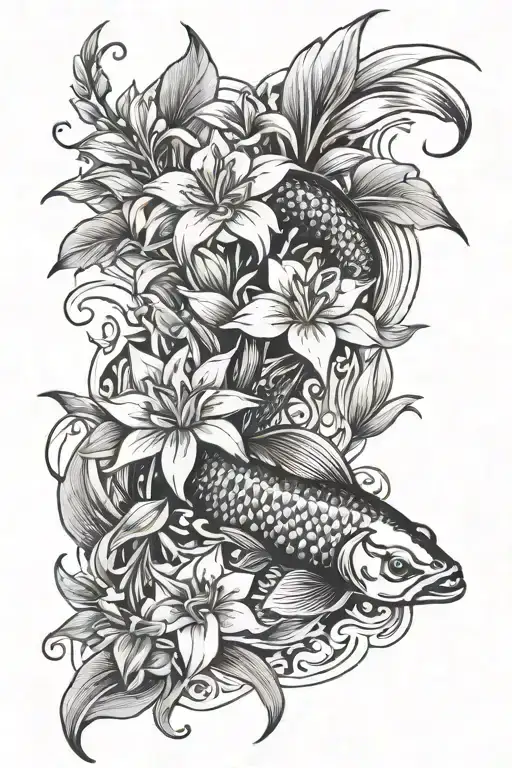 Lily Flower And Koi Fish