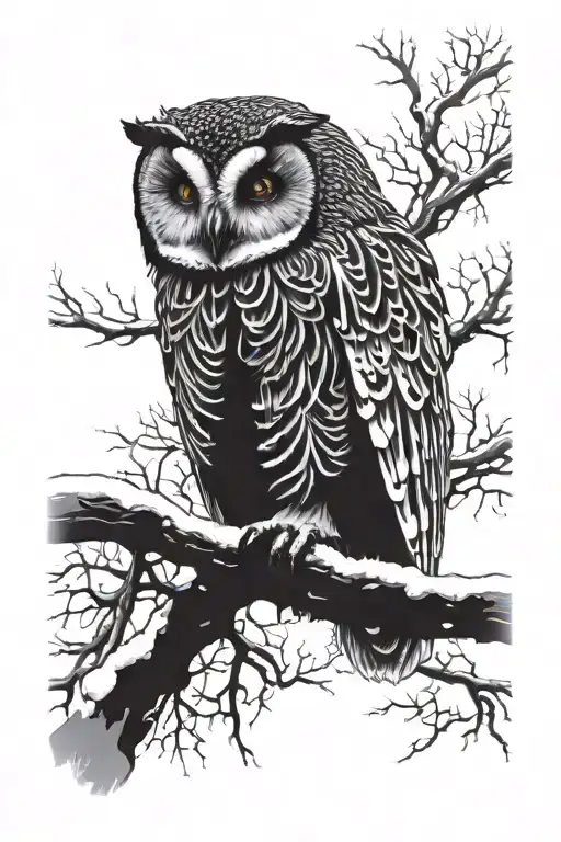 Owl Skeleton Standing On A Tree Limb Covered In Snow