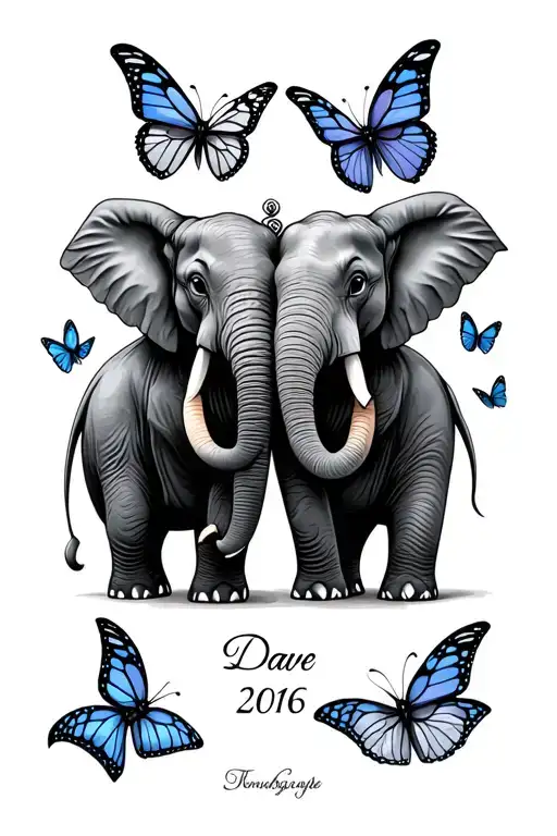 Two Elephants Holding Trunks With Butterflies And Date