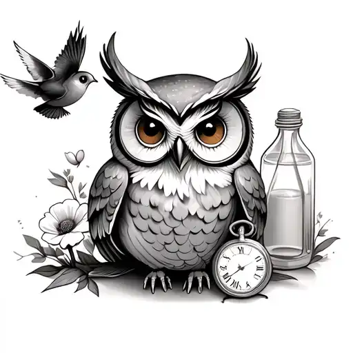 Female Owl Sitting Baby Owl Flying Brown Eyes Pocket Watch With Poppy And A Milk Bottle