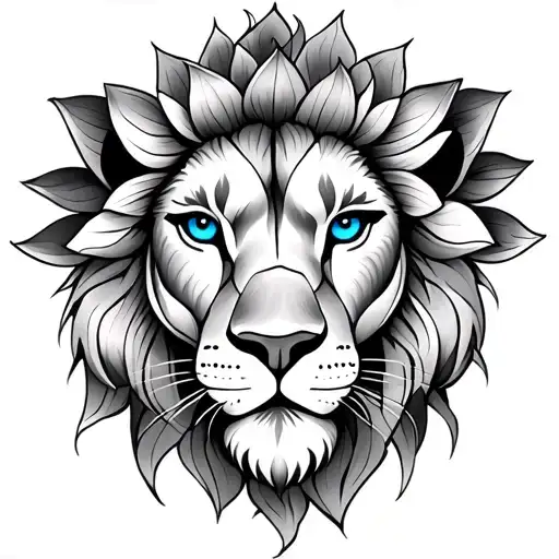 Lion Face Blue Eyes And Lotus Flower Intertwined