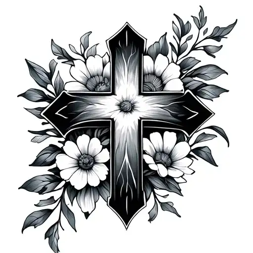 Fine Line Cross With Flowers Around It