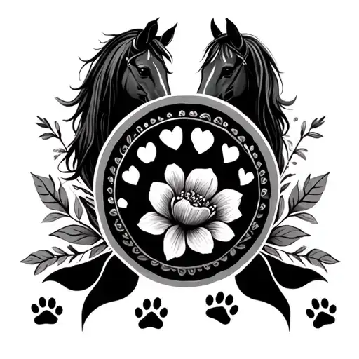 Floral Pattern With Horses And Paw Prints