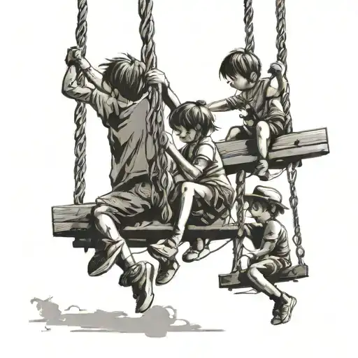 3 Silhouettes Of Children On A Swing Hanging